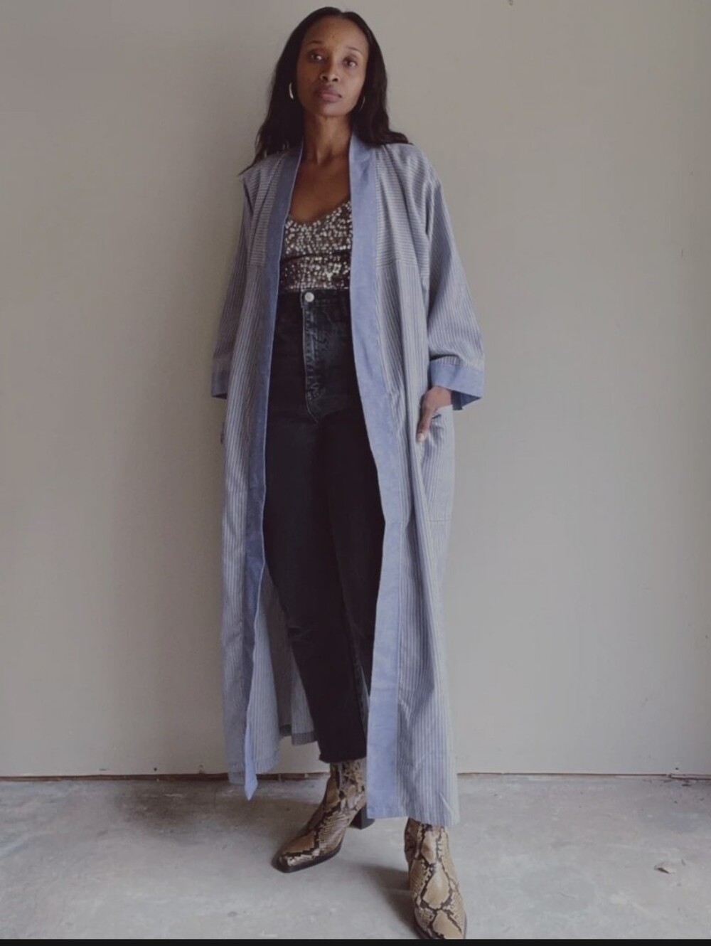 Christian Dior Blue Pinstripe Long Robe/ Duster Coat Cardigan No Belt O/S Cotton - Picture 11 of 11